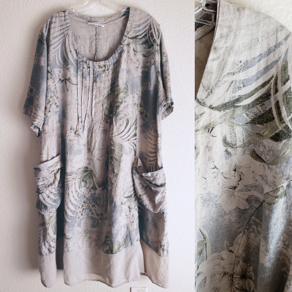 100% LIN BLANC Lagenlook Linen Oversized Tropical Print Tunic Dress Pockets 12